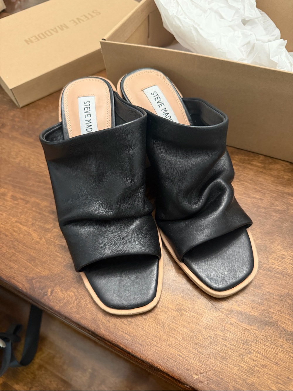 Steve Madden Black Ruched Leather Open-Toe Wedge Mules